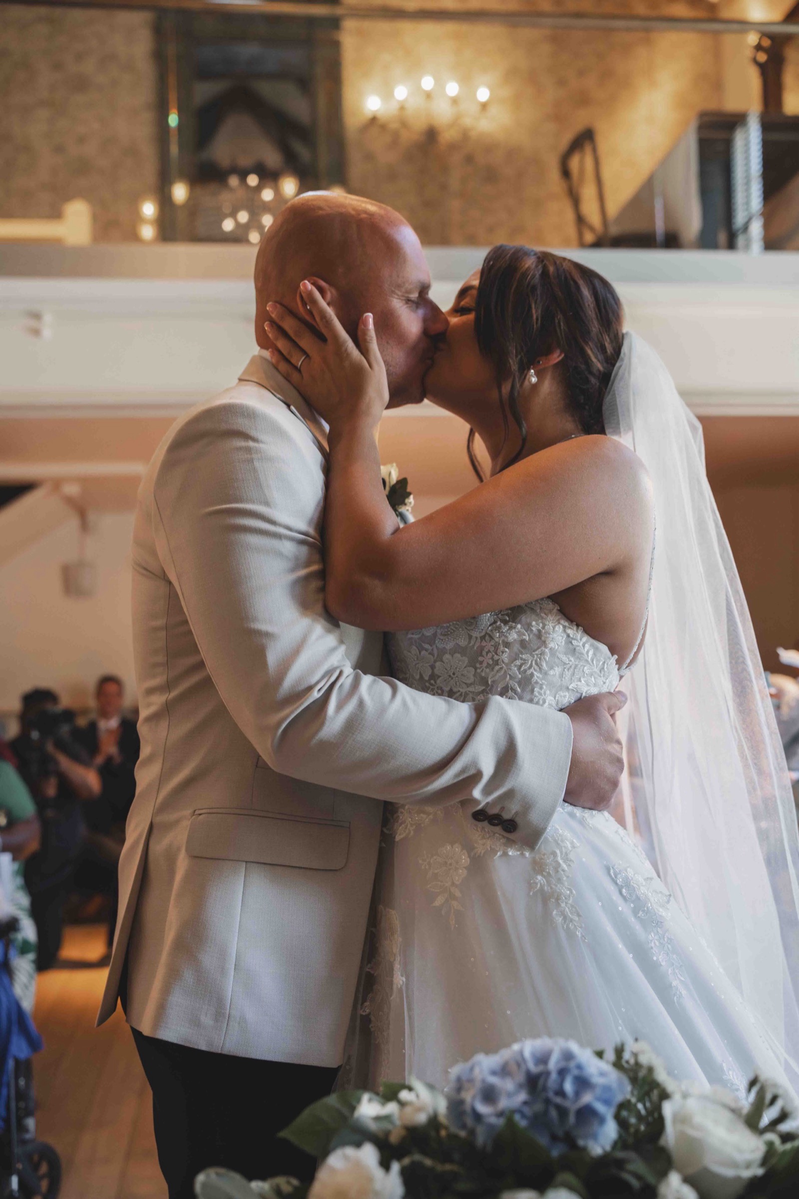 Lauren and John couple portrait at Hardwick Hall Hotel barn venue