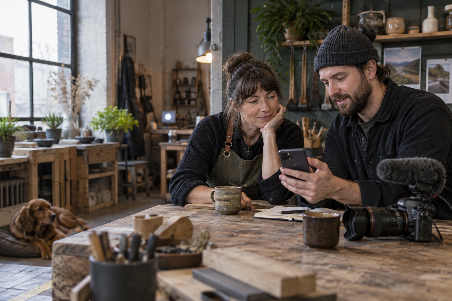 A small-business owner and videographer reviewing a social video together in the owner’s workshop